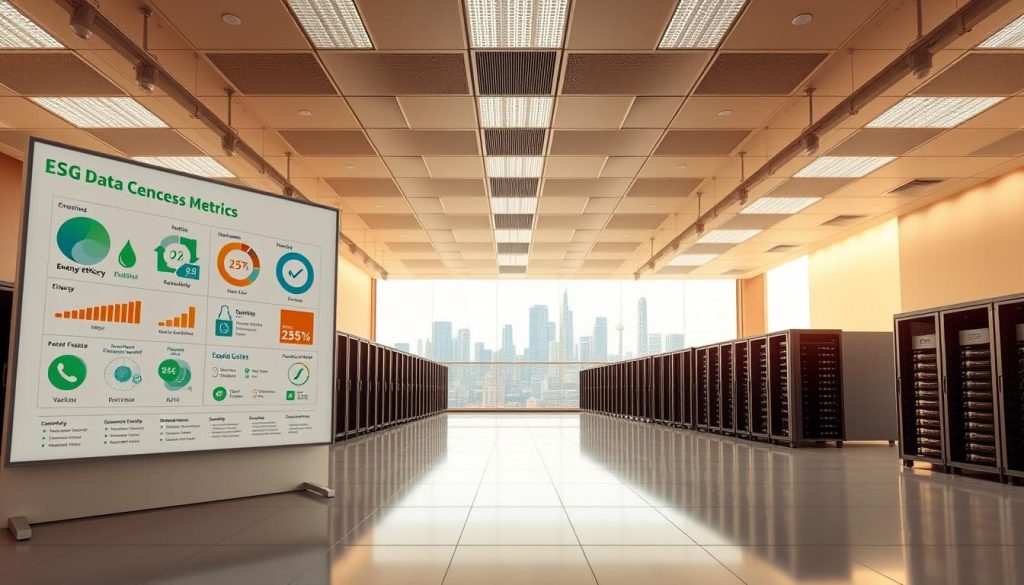 A spacious, modern data center with a sleek, minimalist interior. The foreground showcases a large display board featuring various "ESG Data Center Success Metrics" such as energy efficiency, renewable energy usage, water conservation, and carbon footprint reduction. The middle ground features rows of server racks and cooling systems, all with a sleek, streamlined design. The background depicts a panoramic view of the city skyline, symbolizing the data center's integration into the larger urban landscape. The lighting is warm and inviting, creating a sense of technological sophistication. The entire scene conveys a strong sense of environmental responsibility and "Data Center Strategy" leadership in sustainable digital infrastructure.
